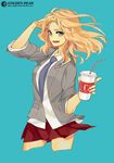  bendy_straw blonde_hair blue_background blue_eyes blue_neckwear coca-cola cowboy_shot cropped_legs drinking_straw girls_und_panzer grey_jacket hand_in_hair jacket kajiwara_shikaji kay_(girls_und_panzer) long_hair necktie open_mouth red_skirt saunders_school_uniform shirt simple_background skirt sleeves_rolled_up smile solo teeth thighs uniform watermark web_address white_shirt 