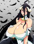  albedo artist_request bird black_hair blush breasts cleavage crow dress feathered_wings feathers horns huge_breasts long_hair overlord_(maruyama) shiny shiny_skin solo source_request tongue tongue_out wings yellow_eyes 