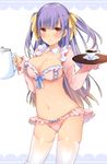  :o bikini bikini_skirt blonde_hair blush bow breasts cleavage coffee coffee_pot collarbone contrapposto cup detached_collar detached_sleeves drink eyebrows eyebrows_visible_through_hair eyelashes gradient_hair hair_bow highres holding holding_tray large_breasts liquid long_hair long_sleeves looking_at_viewer maid midriff multicolored_hair navel original parted_lips pink_bikini purple_hair red_eyes shiny shiny_skin skin_tight solo standing stomach swimsuit tareme teacup thighhighs tray very_long_hair white_legwear yellow_bow yumari_nakura 