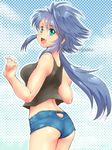  ass casual fang from_behind green_eyes grey_hair halftone halftone_background long_hair original short_shorts shorts solo yagisaka_seto 