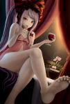  1girl bare_shoulders commentary_request dkoro eyebrows fangs flat_chest flower flower_pot hair_ribbon long_hair looking_at_viewer nightgown nipples overlord_(maruyama) red_eyes ribbon shalltear_bloodfallen silver_hair slit_pupils solo thighs vampire 