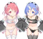  :t animal_band_legwear bare_shoulders bell black_bra black_legwear black_panties blue_eyes blue_hair body_blush bra breasts cat_band_legwear cat_lingerie cleavage_cutout collar detached_sleeves groin hair_tie hands_on_hips headdress horn jingle_bell leaning_forward looking_at_viewer maid meme_attire multiple_girls navel panties pink_eyes pink_hair ram_(re:zero) re:zero_kara_hajimeru_isekai_seikatsu rem_(re:zero) short_hair siblings side-tie_panties simple_background sisters small_breasts spoilers thighhighs twins underwear underwear_only white_background white_legwear yasuyuki 