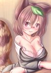  absurdres animal_ears bare_shoulders breasts brown_hair cleavage collarbone dior-zi eyebrows eyebrows_visible_through_hair futatsuiwa_mamizou glasses highres large_breasts leaf leaf_on_head looking_at_viewer off_shoulder office_lady raccoon_ears raccoon_tail short_hair smile solo tail touhou 
