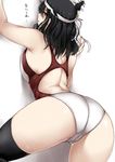  against_wall arched_back arms_up ass bare_arms bare_shoulders black_hair black_legwear blush breasts competition_swimsuit copyright_name cowboy_shot foreshortening from_behind hair_ornament hairpin headband huge_breasts kantai_collection long_hair looking_back one-piece_swimsuit red_eyes sideboob solo swimsuit text_focus thighhighs tobisawa translated tsurime yamashiro_(kantai_collection) 