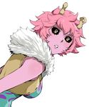  absurdres ashido_mina black_sclera boku_no_hero_academia breasts dutch_angle enami_katsumi from_side fur_trim highres horns looking_to_the_side parted_lips pink_hair purple_skin short_hair small_breasts solo upper_body vest white_background yellow_eyes 