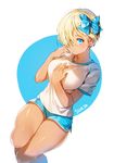  artist_name bad_id bad_pixiv_id bare_legs blonde_hair blue_eyes bow hair_bow hair_over_one_eye hand_on_own_chest hand_on_own_face looking_at_viewer original shiny shiny_skin short_hair short_shorts shorts solo sukja sweatdrop tan thighs 
