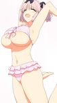  ^_^ ^o^ armpits arms_up bare_arms bare_legs bare_shoulders barefoot bikini bikini_skirt black_bow blush bow breasts closed_eyes collarbone hair_bow hibari_(senran_kagura) huge_breasts jumping legs_up midriff namamo_(kura) navel pink_bikini pink_hair pink_skirt polka_dot polka_dot_bikini senran_kagura senran_kagura_shoujo-tachi_no_shin'ei short_hair short_twintails skirt solo stomach swimsuit toes twintails underboob 