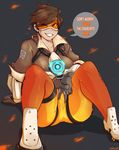  bad_id bad_tumblr_id bodysuit breasts brown_hair goggles grin highres kimmi large_breasts looking_at_viewer one_eye_closed orange_bodysuit overwatch short_hair smile solo spread_pussy_under_clothes tracer_(overwatch) 