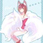  ahri animal_ears bare_shoulders brown_hair character_name detached_sleeves facial_mark fox_ears fox_tail holding_tail korean_clothes league_of_legends long_sleeves looking_at_viewer mizoreame multiple_tails solo tail whisker_markings 