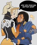  black_hair blonde_hair blush english eye_contact highres looking_at_another mechanical_halo mercy_(overwatch) multiple_girls overwatch pharah_(overwatch) ponytail power_armor speech_bubble splashbrush yuri 