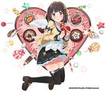  black_legwear blush brown_eyes brown_hair candy ddal doughnut food heart ice_cream_cone lollipop looking_at_viewer short_hair skirt solo star thighhighs 