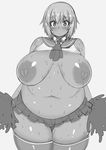  areolae belly blush breasts fat female huge_breasts inverted_nipples large_areolae looking_at_viewer monochrome navel original plump sanagimaru7974 shirt shirt_lift short_hair simple_background skirt solo standing sweat tensai427 thick_eyebrows thick_thighs thighhighs white_background wide_hips 