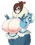  areolae artist_request bewbchan blush breasts breasts_out breasts_outside brown_eyes brown_hair canister coat curvy fur gigantic_breasts glasses gloves hair_bun hair_ornament hair_up hairpin hips huge_breasts large_areolae looking_at_viewer mei_(overwatch) nipples no_bra overwatch plump robot short_hair simple_background smile solo standing thick_thighs thighs white_background wide_hips winter_clothes winter_coat 