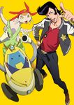  alien black_hair dandy_(space_dandy) hat highres jacket letterman_jacket meow_(space_dandy) pointing pompadour qt_(space_dandy) robot space_dandy tuchinokoeffect yellow_background 