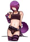  2n5 bulge earrings fingerless_gloves gloves hair_over_one_eye male_focus mikel-kun navel piercing purple_hair simple_background smile solo striped striped_legwear thighhighs trap white_background 