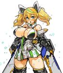  blonde_hair blue_eyes blush breasts cleavage corset gene_(pso2) large_breasts long_hair looking_at_viewer microskirt open_mouth phantasy_star phantasy_star_online_2 sachito simple_background skirt solo sweat teeth thick_thighs thighhighs thighs twintails white_background 