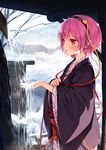  :o alternate_costume bare_tree bath_yukata blush eyeball from_side hairband hanten_(clothes) heart highres japanese_clothes ke-ta kimono komeiji_satori open_mouth outdoors pink_hair red_eyes short_hair snow solo third_eye touhou tree water yukata 