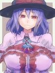 black_hat blue_hair bow bowtie brown_background dress frills giantess hair_between_eyes hand_on_hip hat hat_bow hinanawi_tenshi multiple_girls nagae_iku open_mouth puffy_short_sleeves puffy_sleeves purple_hair red_bow red_eyes red_neckwear shawl short_sleeves smile touhou utopia wavy_mouth wing_collar 