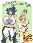  agawa_ryou animal_ears ass bell bell_collar bike_shorts black_nails blue_eyes blue_hair blue_nails breasts brown_hair bunny_ears capri_pants cleavage clipboard collar cow_bell cow_ears cow_horns dark_skin grin horns huge_breasts kemomimi_gym long_hair looking_at_viewer medium_breasts midriff multiple_girls nail_polish navel original pants ponytail smile sports_bra tail tan toned wrestling_outfit wristband 