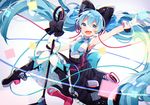 :d ahoge aqua_hair aqua_neckwear armpits black_bow black_footwear blue_eyes boots bow breasts collared_shirt gloves hair_between_eyes hair_bow hatsune_miku high_heels holding holding_microphone knee_boots knees_together_feet_apart komadori_ui long_hair magical_mirai_(vocaloid) microphone necktie open_mouth outstretched_arm pantyhose shirt skirt sleeveless sleeveless_shirt small_breasts smile solo streamers striped striped_skirt twintails very_long_hair vocaloid white_gloves white_legwear white_shirt wing_collar 