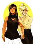  black_hair blonde_hair blue_eyes blush bracelet brown_eyes casual collarbone dark_skin eyebrows eyebrows_visible_through_hair hair_tubes hand_on_another's_shoulder highres holding_hands interlocked_fingers interracial jewelry lips long_hair makeup mascara mercy_(overwatch) multiple_girls overwatch pants pharah_(overwatch) scarf short_ponytail sleeveless smile sweatdrop sweater toned turtleneck xuunies yuri 