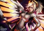  2015 artist_name blue_eyes breasts dated glowing glowing_wings hand_on_hip high_ponytail holding lips lipstick long_hair looking_at_viewer makeup mechanical_halo mechanical_wings medium_breasts mercy_(overwatch) open_mouth overwatch pantyhose parted_lips paula_biedma red_lipstick silver_hair solo swiss_flag upper_body watermark web_address wings yellow_wings 