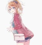  ayase_eli bad_id bad_twitter_id bag blonde_hair blue_eyes cowboy_shot from_side grey_background holding_strap long_sleeves looking_at_viewer looking_back love_live! love_live!_school_idol_project mochi_sakura pale_color parted_lips ponytail scrunchie shoulder_bag simple_background smile solo sweater 