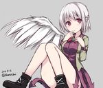  2016 bare_legs boots bow bowtie braid breasts convenient_leg dated dress finger_to_mouth french_braid grey_background highres jacket kishin_sagume long_sleeves medium_breasts purple_dress red_eyes shamuichi short_dress short_hair silver_hair simple_background single_wing sitting sketch solo touhou twitter_username white_hair wings 