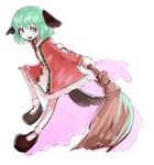  animal_ears bamboo_broom broom brown_dress dress floppy_ears full_body green_eyes green_hair hoshibuchi kasodani_kyouko looking_at_viewer open_mouth smile solo tail touhou 