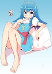  barefoot blue_background blue_eyes blue_hair blush candy dated de_(deys) eyebrows eyebrows_visible_through_hair feet food gradient gradient_background happinesscharge_precure! legs long_hair looking_at_viewer precure shirayuki_hime solo 