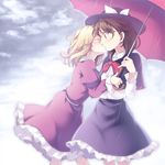  bangs blush bow brown_hair capelet closed_eyes cloud dress frills from_side hat hat_bow highres holding holding_umbrella kiss long_sleeves looking_at_another maribel_hearn midorino_eni multiple_girls no_hat no_headwear outdoors profile purple_dress purple_skirt rain red_bow ribbon sash shared_umbrella shirt skirt sky touhou umbrella usami_renko white_bow white_shirt yuri 