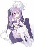  1girl animal_ears bare_shoulders blue_hair cat_ears dress hair_between_eyes hand_on_own_knee hijiri_(resetter) hug hug_from_behind index_finger_raised off-shoulder_dress off_shoulder original pants purple_dress purple_eyes purple_hair simple_background sitting smile tail thighhighs twintails white_background white_legwear zzz 