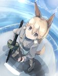  animal_ears black_legwear blonde_hair boots day eila_ilmatar_juutilainen fisheye fox_ears fox_tail from_above highres hizakozouzu holding holding_weapon looking_at_viewer looking_up military military_uniform pantyhose purple_eyes sky solo standing strike_witches tail uniform weapon world_witches_series 