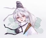  eyebrows grey_eyes hat hat_ribbon hoshibuchi long_hair looking_at_viewer mononobe_no_futo open_mouth ponytail portrait ribbon shirt silver_hair solo thick_eyebrows touhou 