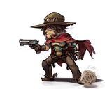  brown_hair chibi cigar cowboy_hat gun handgun hat highres langbazi male_focus mccree_(overwatch) overwatch revolver smoking solo tumbleweed weapon 