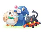  bird black_hair cat clown_nose gen_7_pokemon kitten litten looking_at_viewer namori no_humans one_eye_closed owl pokemon pokemon_(creature) popplio red_hair rowlet smile whiskers white_background yellow_sclera 