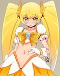  blonde_hair blush cure_sunshine dated de_(deys) grey_background hair_ribbon heart heartcatch_precure! long_hair midriff myoudouin_itsuki navel no_choker precure ribbon simple_background skirt solo twintails yellow_eyes yellow_skirt 