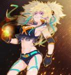  armpits bad_id bad_pixiv_id bakugou_katsuki bangs belt black_gloves black_shorts blonde_hair boku_no_hero_academia breasts changye clenched_hands clenched_teeth cowboy_shot crop_top cross earrings elbow_pads garter_straps genderswap genderswap_(mtf) gloves glowing glowing_hand groin high_collar jewelry large_breasts lens_flare long_hair looking_at_viewer midriff motion_blur navel orange_ribbon outline ponytail red_eyes ribbon ribbon-trimmed_gloves ribbon_trim shorts sleeveless solo stomach teeth 