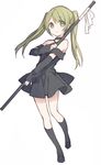  bare_shoulders black_dress black_legwear blush detached_sleeves dress eyebrows eyebrows_visible_through_hair green_eyes green_hair hijiri_(resetter) holding holding_weapon kneehighs long_hair looking_at_viewer mary_janes open_mouth original shoes simple_background sketch sleeves_past_wrists solo staff twintails weapon white_background 