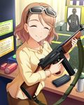  ^_^ airsoft artist_request bracelet brown_hair character_name closed_eyes earrings eyewear_on_head gun idolmaster idolmaster_cinderella_girls jewelry long_hair necklace official_art pants shirt smile solo submachine_gun thompson_submachine_gun wavy_hair weapon yanagi_kiyora yellow_shirt 