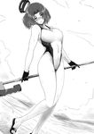  blush competition_swimsuit glaive gloves greyscale kantai_collection mechanical_halo monochrome one-piece_swimsuit short_hair solo swimsuit tatsuta_(kantai_collection) tobisawa 