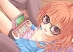  bespectacled blush breasts collarbone game_console glasses handheld_game_console inaba_meguru looking_at_viewer monster_hunter monster_hunter_4 nekono nintendo_3ds orange_hair playing_games pov purple_eyes sanoba_witch small_breasts smile solo 