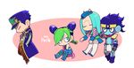  2boys aqua_hair blue_hair boots braid chibi closed_eyes coat double_bun father_and_daughter fishnets green_hair hanaichi_(hana13) hat jojo_no_kimyou_na_bouken kuujou_jolyne kuujou_joutarou long_hair multicolored_hair multiple_boys narciso_anasui open_mouth pout single_braid stand_(jojo) star_platinum thigh_boots thighhighs two-tone_hair wavy_mouth white_footwear 