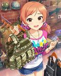  artist_request body_armor boots bracelet brown_eyes brown_hair bulletproof_vest camouflage earrings gun helmet idolmaster idolmaster_cinderella_girls jewelry komatsu_ibuki load_bearing_equipment load_bearing_vest low_twintails necklace official_art plate_carrier shorts solo sweatdrop twintails weapon 