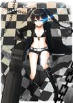  belt black_bikini_top black_footwear black_gloves black_hair black_rock_shooter black_rock_shooter_(character) black_shorts black_sweater blue_eyes boots burning_eye cardigan character_name checkered checkered_floor collar copyright_name front-tie_bikini front-tie_top gloves hsuliherng knee_boots long_hair looking_at_viewer navel open_cardigan open_clothes scar short_shorts shorts sitting smile solo sweater twintails 