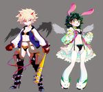  :d angel_wings animal_ears animal_slippers babydoll bad_id bad_pixiv_id bakugou_katsuki bandeau bangs baseball_bat black_bra black_footwear black_legwear black_panties blonde_hair boku_no_hero_academia boots bra breasts bunny_ears changye chaps cleavage clenched_hands clenched_teeth demon_tail demon_wings freckles frills full_body garter_belt genderswap genderswap_(mtf) gloves green_eyes green_hair grey_background hair_between_eyes high_heel_boots high_heels highres holding holding_weapon horns jacket legs_apart long_sleeves medium_breasts midoriya_izuku midriff multiple_girls navel off_shoulder open_clothes open_jacket open_mouth panties short_hair simple_background smile spikes standing strapless suspenders tail teeth thighhighs toned underwear wavy_hair weapon white_legwear wings 