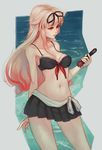  bad_anatomy bikini black_bikini black_ribbon front-tie_top hair_flaps hair_ornament hair_ribbon hairclip highres kantai_collection lips long_hair navel remodel_(kantai_collection) ribbon sailor_bikini sailor_collar saimon_ma skirt solo swimsuit torpedo wide_hips yuudachi_(kantai_collection) 