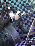  belt black_bikini_top black_footwear black_hair black_rock_shooter black_rock_shooter_(character) black_shorts black_sweater blue_eyes boots breasts burning_eye cardigan chain checkered checkered_background checkered_floor front-tie_bikini front-tie_top highres knee_boots long_hair navel open_cardigan open_clothes scar shorts sitting small_breasts solo sweater underboob 