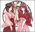  brown_eyes brown_hair drill_hair flower hakama harukaze_(kantai_collection) holding_hands japanese_clothes kamikaze_(kantai_collection) kantai_collection kimono lapis_(13567118) long_hair meiji_schoolgirl_uniform multiple_girls pink_hakama purple_hair red_eyes red_hakama twin_drills 