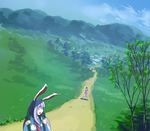  animal_ears arm_up backpack bag barefoot blue_sky brown_hair bunny bunny_ears carrot_necklace cloud collared_shirt day dress floppy_ears forest grass heiya inaba_tewi long_sleeves looking_back mountain multiple_girls nature necktie open_mouth outdoors path perspective pink_dress purple_hair red_eyes red_neckwear reisen_udongein_inaba road scenery shirt sky talking touhou tree waving white_shirt 
